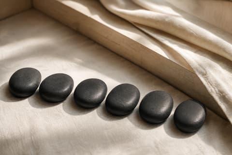 Six warm basalt stones laid in a row on cream linen
