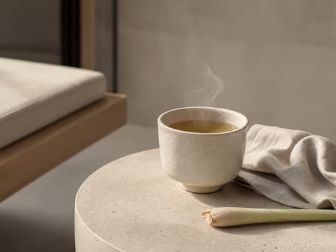 A ceramic cup of steaming ginger and lemongrass tea on a stone side table