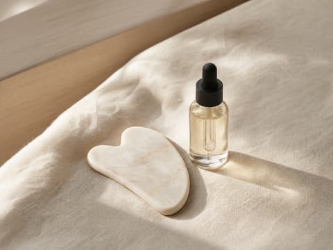 A pale stone gua sha tool beside a small glass bottle of oil on cream linen