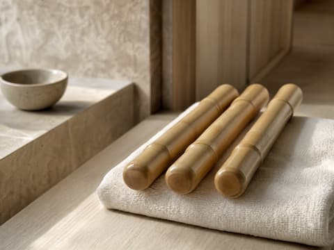 Three polished bamboo massage sticks on a folded cream towel