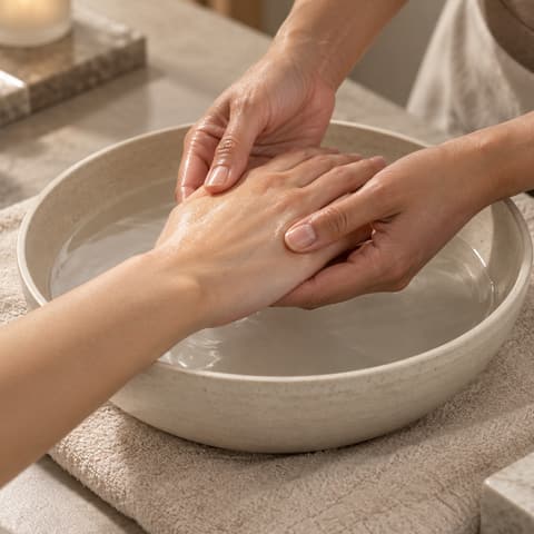 Therapist massaging a guest’s hand over a bowl of warm water